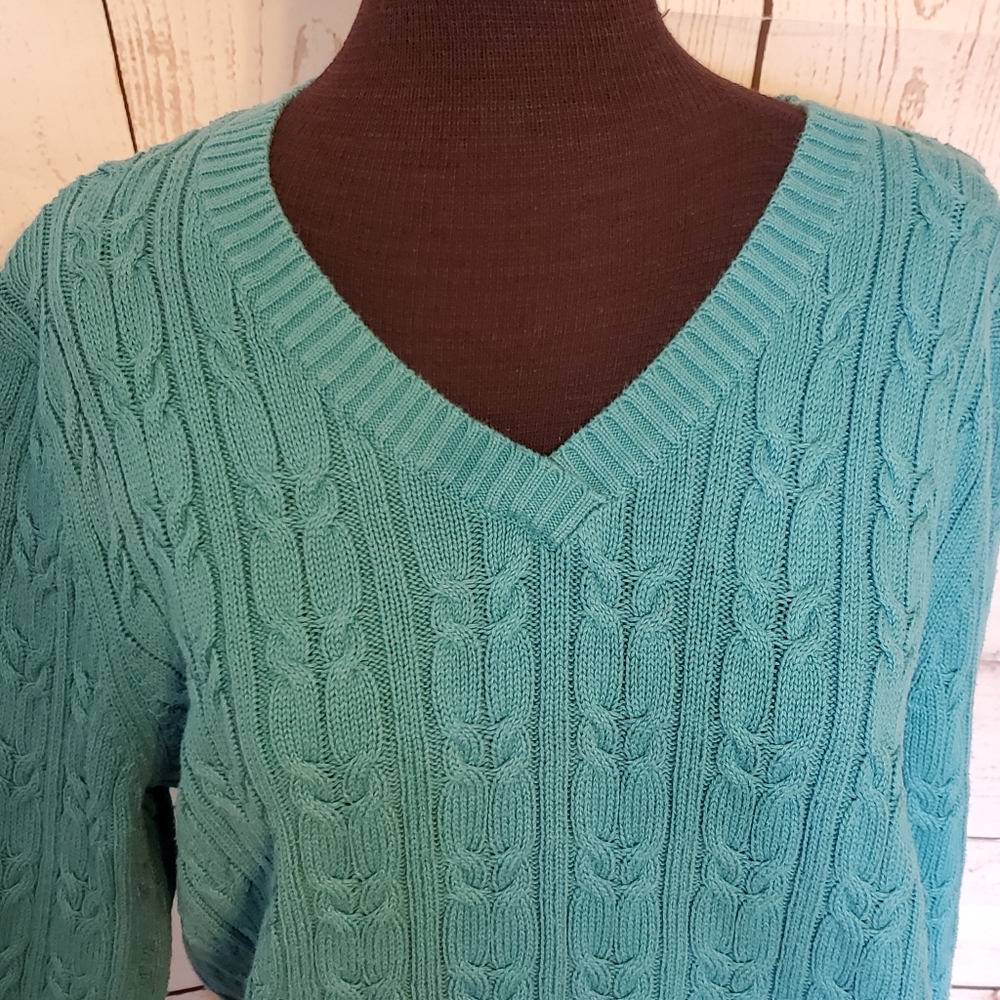 Croft and Barrow women's V-neck cable knit sweater blue green size Large - Picture 2 of 9